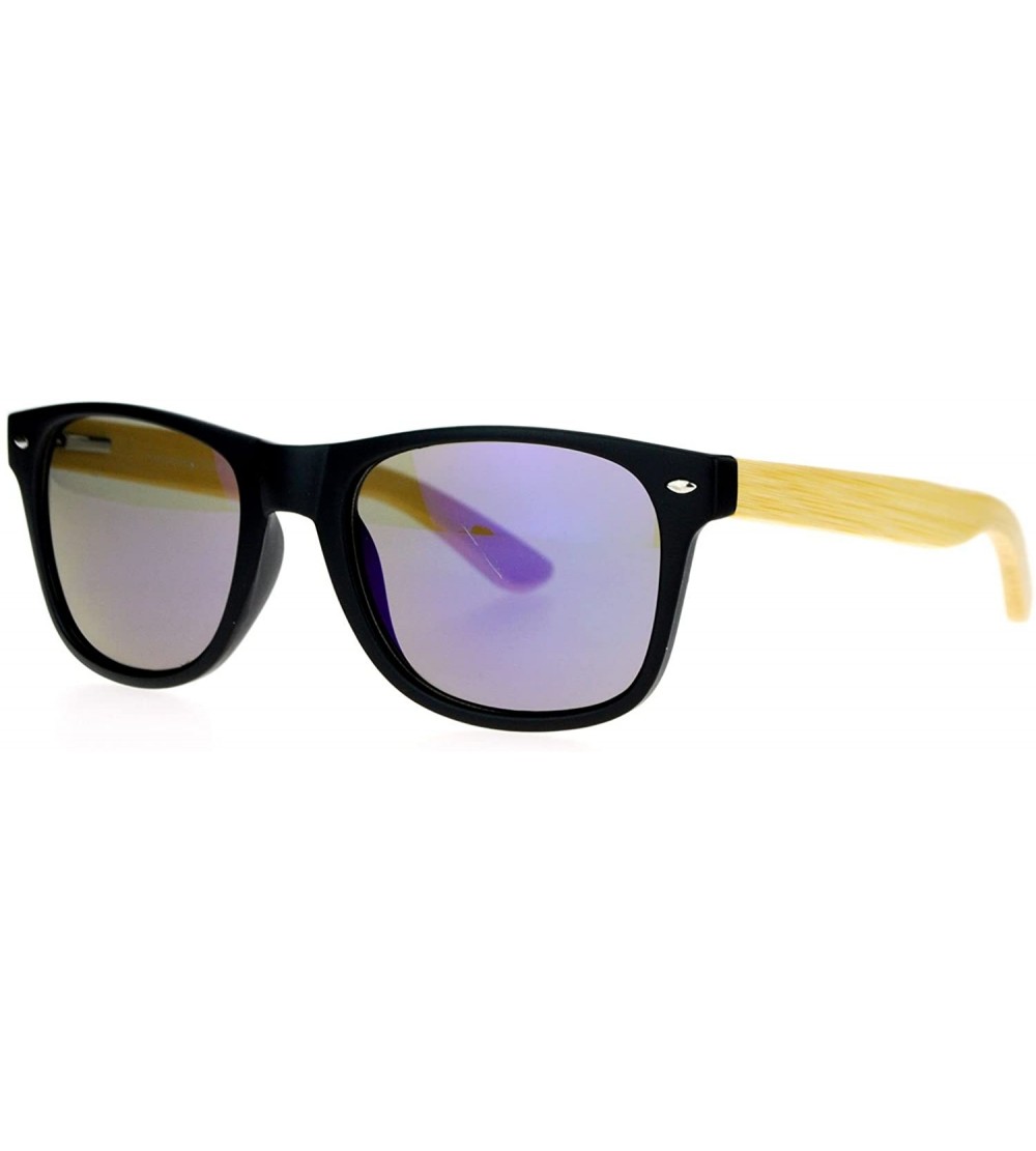 Wayfarer Real Bamboo Wood Temple Hipster Mirrored Lens Horned Sunglasses - Black Blue - CH122JTSDKP $18.69