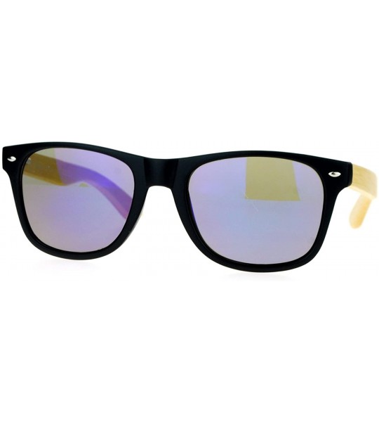 Wayfarer Real Bamboo Wood Temple Hipster Mirrored Lens Horned Sunglasses - Black Blue - CH122JTSDKP $18.69