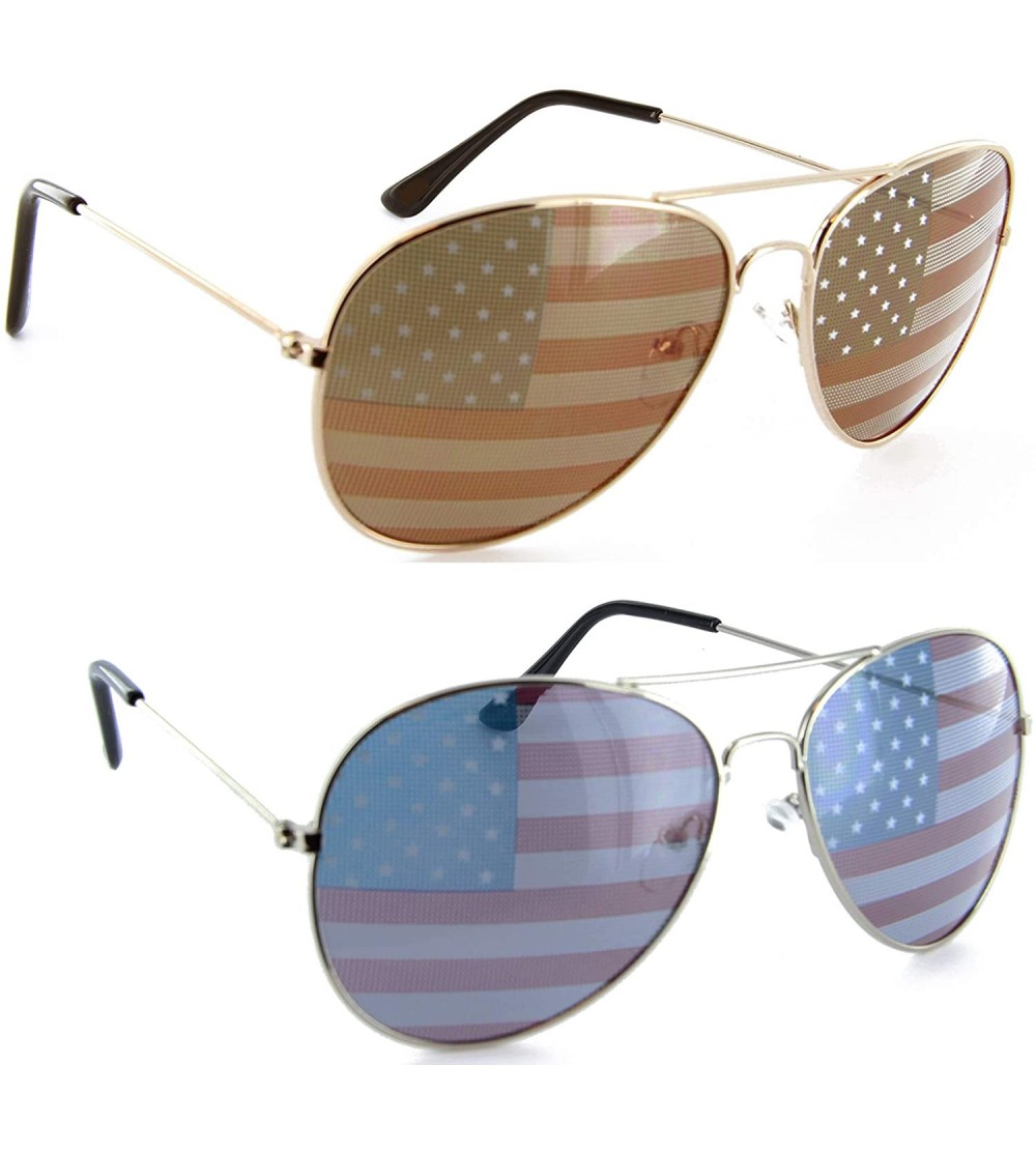 Aviator Patriotic American Flag Aviator Sunglasses USA Glasses Gift Set for Men Women - Silver/Gold - CR11LSVN97N $19.01