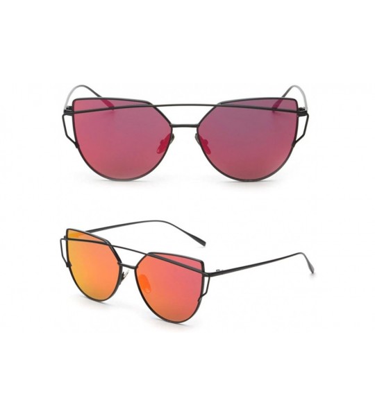 Cat Eye Women Fashion Twin-Beams Metal Frame Mirror Sunglasses Cat Eye Glasses - Red - CA188X7WCC0 $18.36