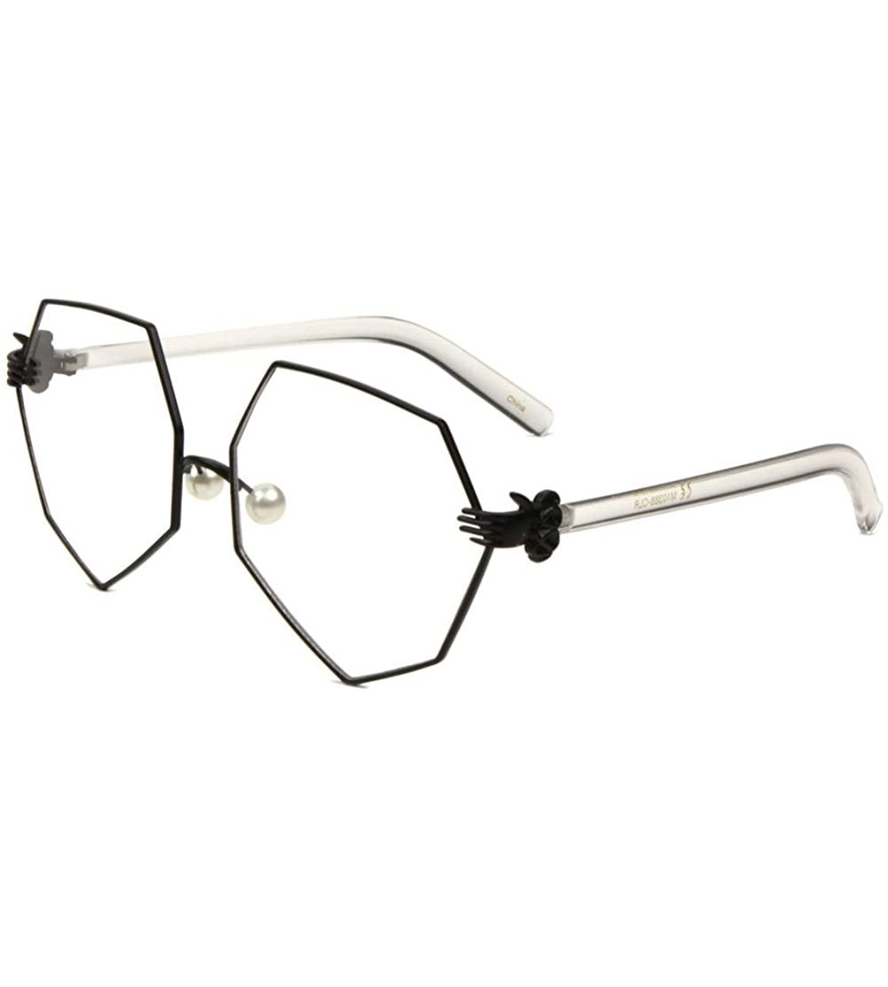 Square Geometric Oversized Clear Lens Sunglasses w/Pearl Nose Pads & 3D Clown Hand/Glove Hinge - Black & Clear Frame - CA1860...