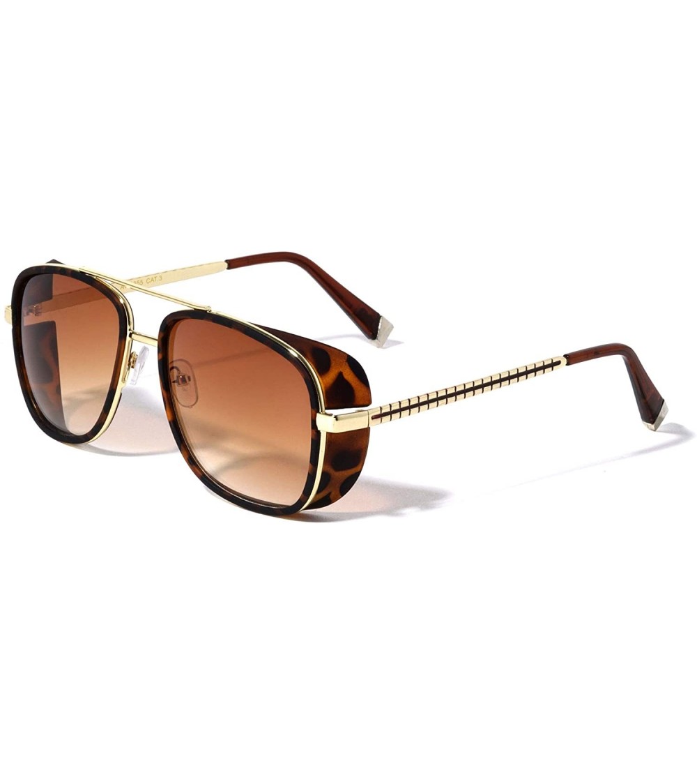 Square Side Lens Shield Crossed Line Temple Pattern Modern Square Aviator Sunglasses - Brown Demi - CZ190ENG46H $26.70