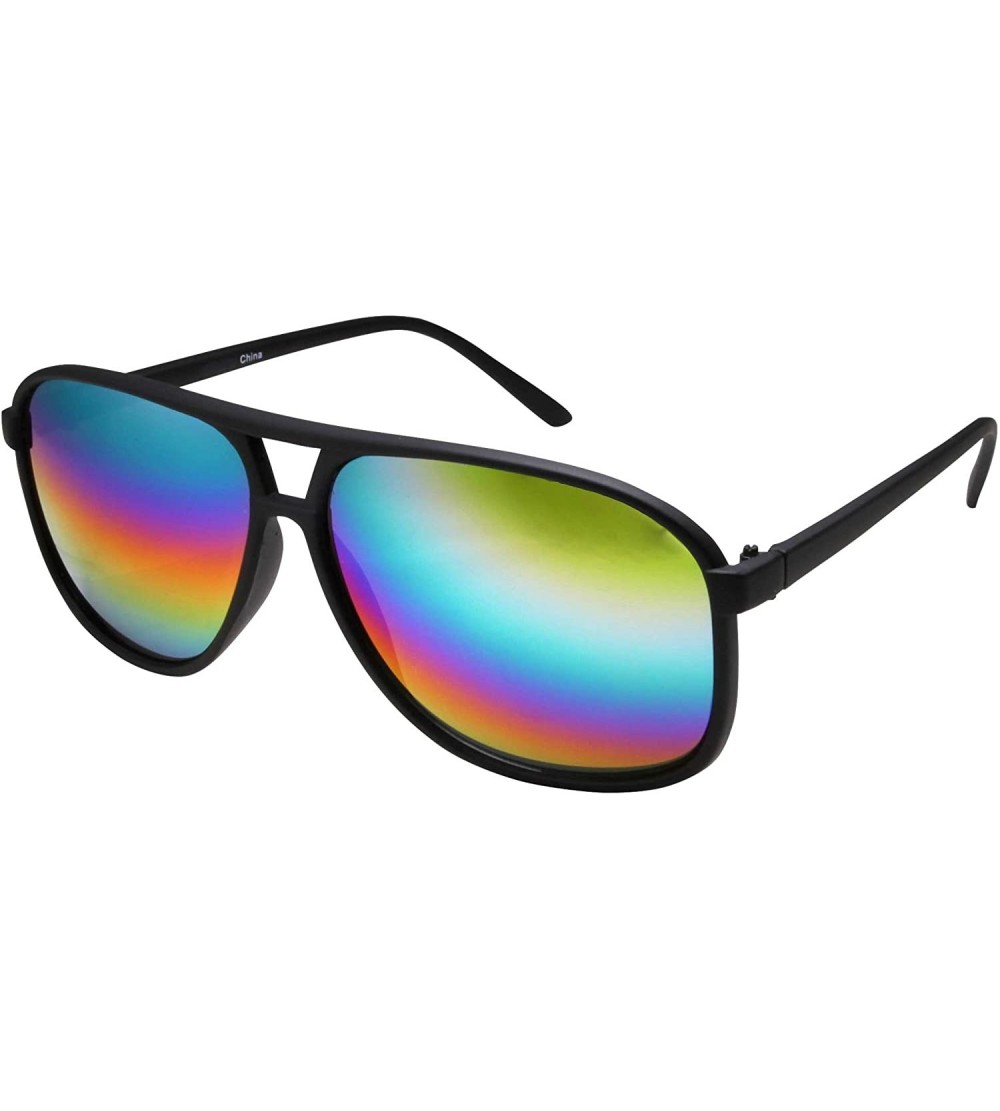 Aviator Men's Plastic Aviator Sunglasses - Reflective Lens - Black Glossy Frame- Rainbow Lens - CU12K5NFINR $18.12