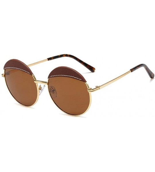 Round Women Leather Round Sunglasses Sun Glasses For Female Men Trend Brown Sunglasses - C5 Green Grey - CV190394OOK $29.24