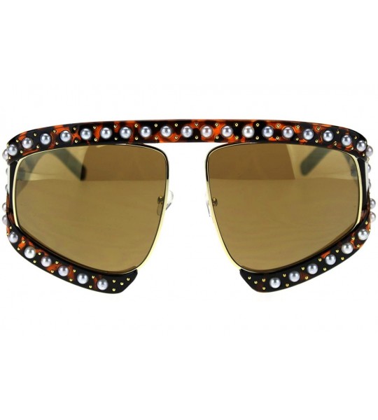 Oversized Pearl Jewel Stud Flat Top Oversize Mob Celebrity Sunglasses - Tortoise Solid Brown - CM18THA8WSH $26.65