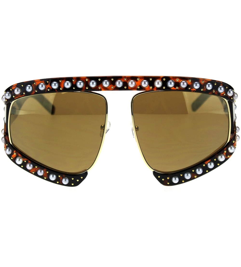 Oversized Pearl Jewel Stud Flat Top Oversize Mob Celebrity Sunglasses - Tortoise Solid Brown - CM18THA8WSH $26.65