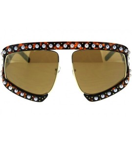 Oversized Pearl Jewel Stud Flat Top Oversize Mob Celebrity Sunglasses - Tortoise Solid Brown - CM18THA8WSH $26.65