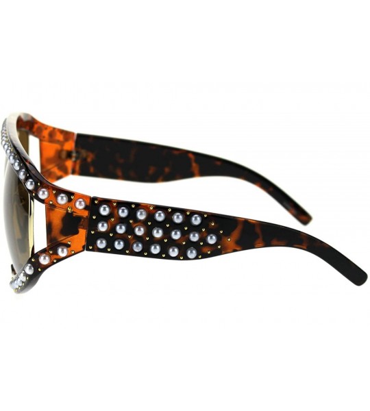 Oversized Pearl Jewel Stud Flat Top Oversize Mob Celebrity Sunglasses - Tortoise Solid Brown - CM18THA8WSH $26.65