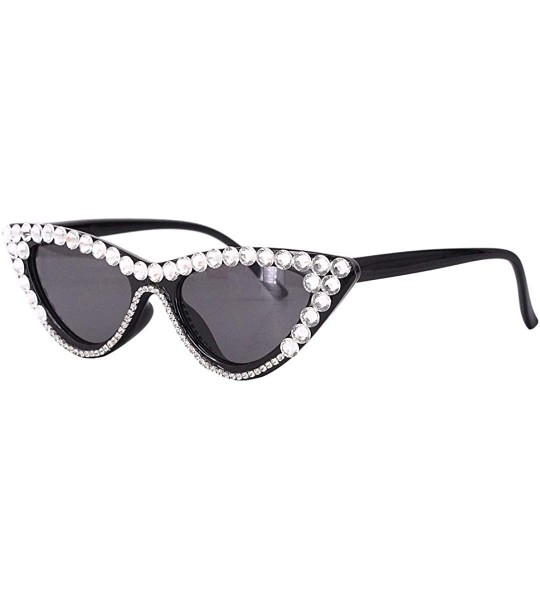 Aviator Vintage Cat Eye Diamond Crystal Sunglasses for Women Oversized Plastic Frame - Black Frame/White Diamond F - CG18XSLE...