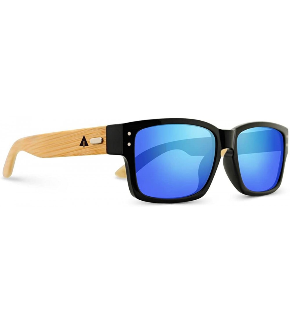 Wayfarer Wooden Bamboo Sunglasses Temples Classic Square Keyhole Vintage Eyewear - Blue W/ Pouch - CE11XLXGAL7 $64.75