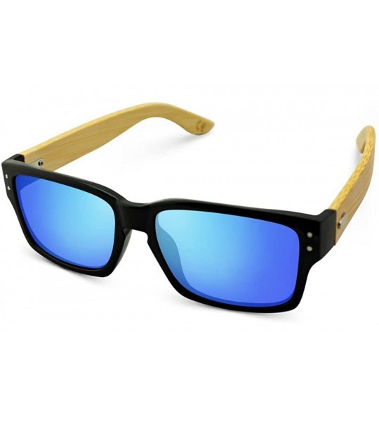 Wayfarer Wooden Bamboo Sunglasses Temples Classic Square Keyhole Vintage Eyewear - Blue W/ Pouch - CE11XLXGAL7 $64.75