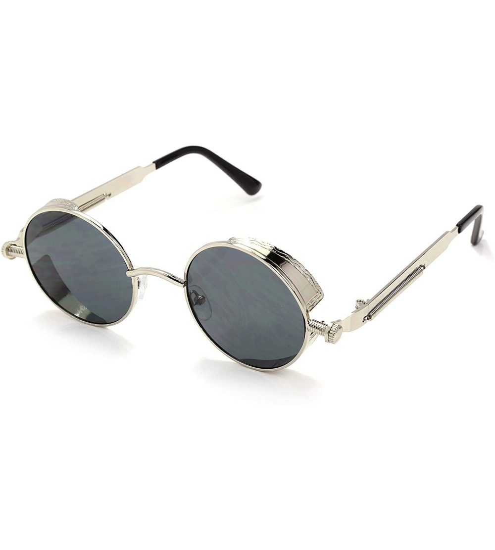 Goggle Men's Women's Round Retro Steampunk Sunglasses Goggles - Black Lens- Silver Frame - CW18E7R7YHI $18.70
