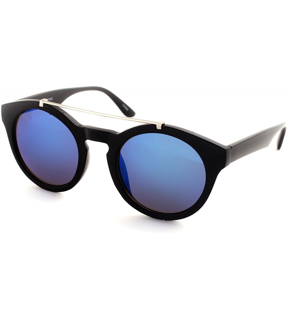 Round Round Sunglasses With Metal Bridge P2402 - Black-BlueMirror Lens - CC12JSUTQW7 $37.07