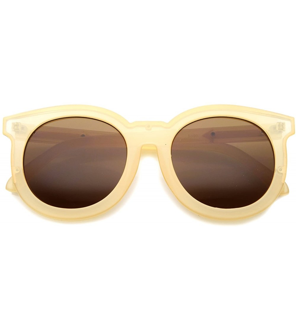 Oversized Women's Chic Oversized Horn Rimmed Flat Lens Round Sunglasses 64mm - Shiny Crème-gold / Brown - CK128BMN30J $22.30