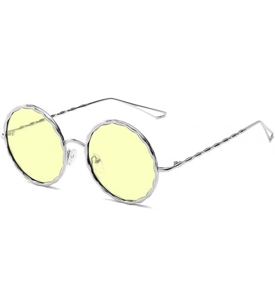 Round Women Mens Round Sunglasses Flat Top Glitter Textured Metal Frame Sunglasses - Silver/Yellow Lens - CS18GYG2I55 $19.68