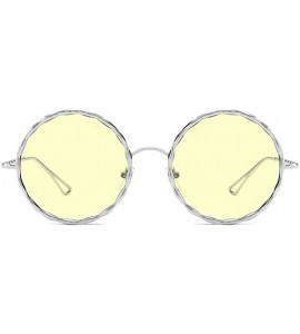 Round Women Mens Round Sunglasses Flat Top Glitter Textured Metal Frame Sunglasses - Silver/Yellow Lens - CS18GYG2I55 $19.68