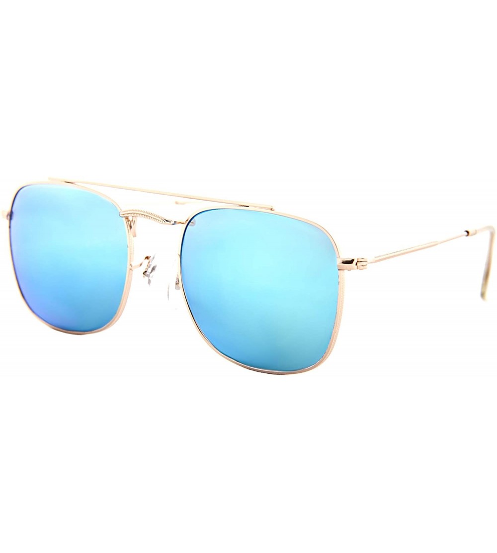 Goggle Sunglasses Men Women Designer Inspired Rectangular Metal Mirror Stylish - Gold Metal Frame / Mirrored Blue Lens - C518...