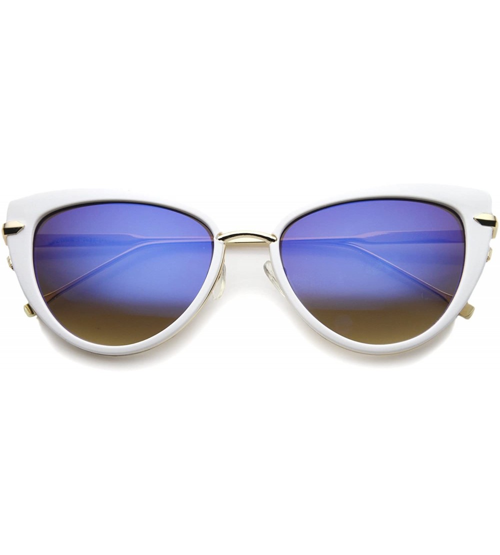 Cat Eye Women's High Fashion Metal Temple Super Cat Eye Sunglasses 55mm - White-gold / Blue Mirror - CT12I21RNOB $19.58