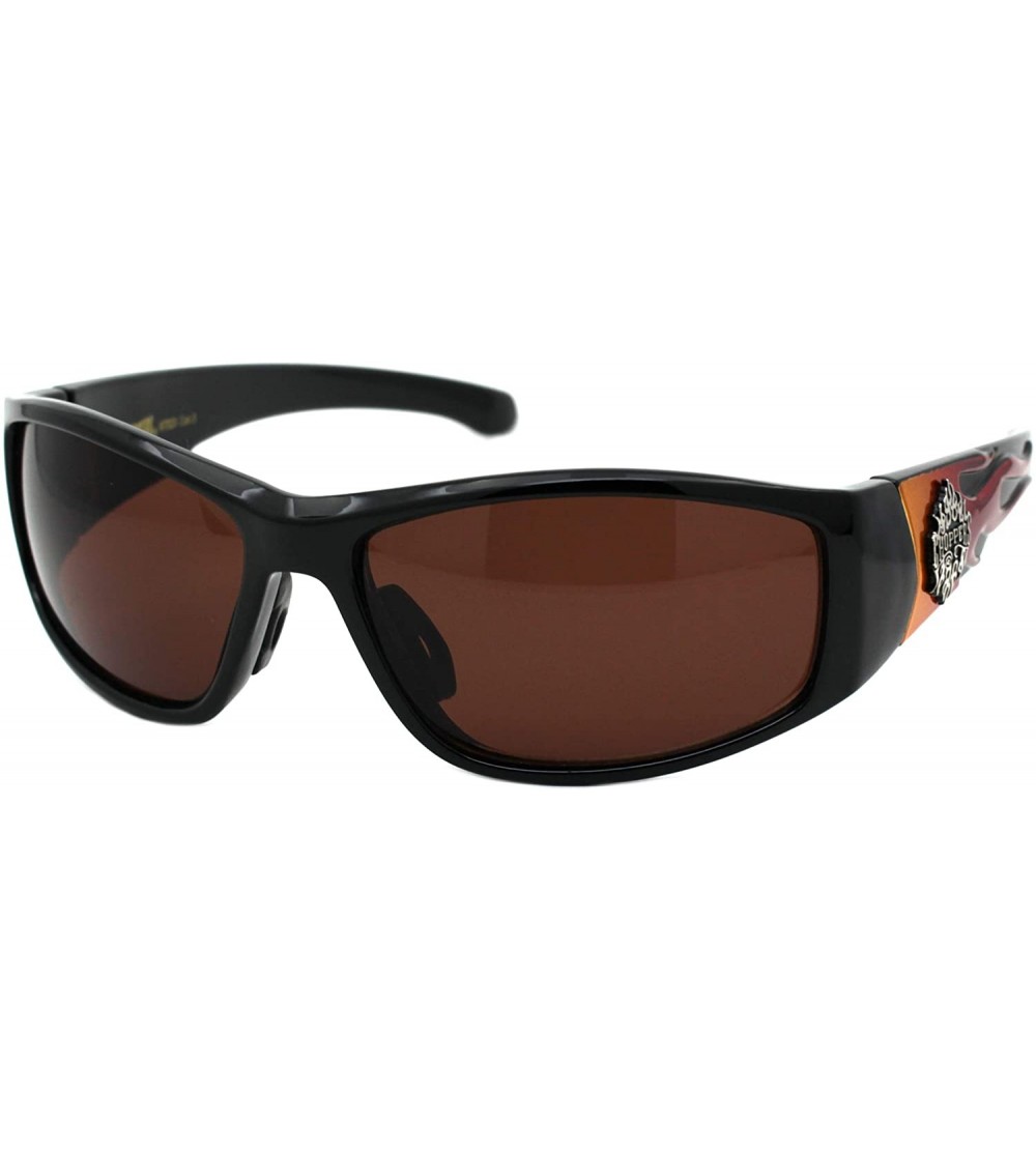 Wrap Sunglasses Mens Biker Fashion Flame Design Wrap Around UV 400 - Black Orang Red (Brown) - CT1950M8UQU $20.29