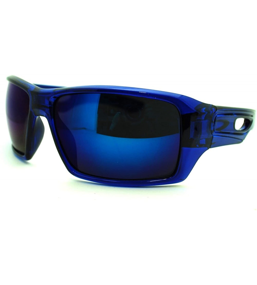 Rectangular Mens Mirrored Mirror Lens Sport Warp Plastic Frame Sunglasses Blue Blue - CQ11LXHTLOR $19.93