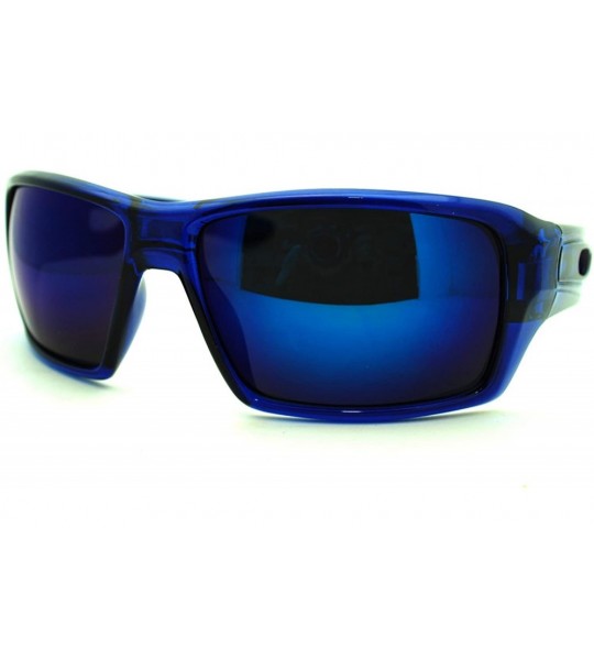 Rectangular Mens Mirrored Mirror Lens Sport Warp Plastic Frame Sunglasses Blue Blue - CQ11LXHTLOR $19.93