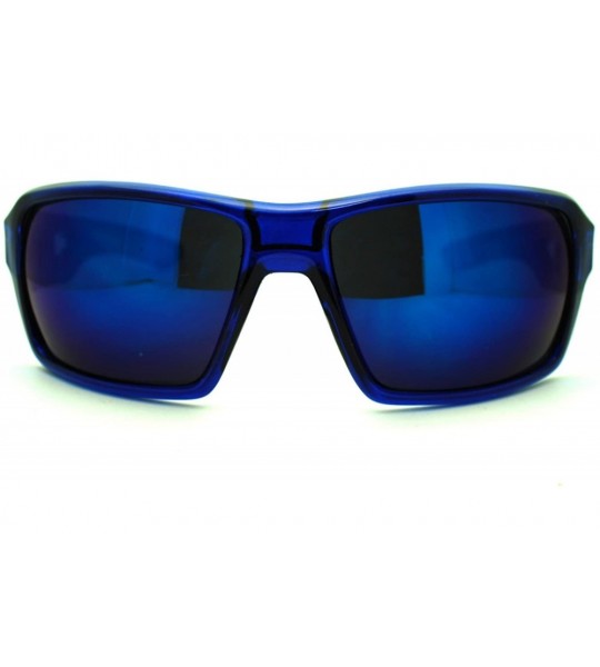 Rectangular Mens Mirrored Mirror Lens Sport Warp Plastic Frame Sunglasses Blue Blue - CQ11LXHTLOR $19.93