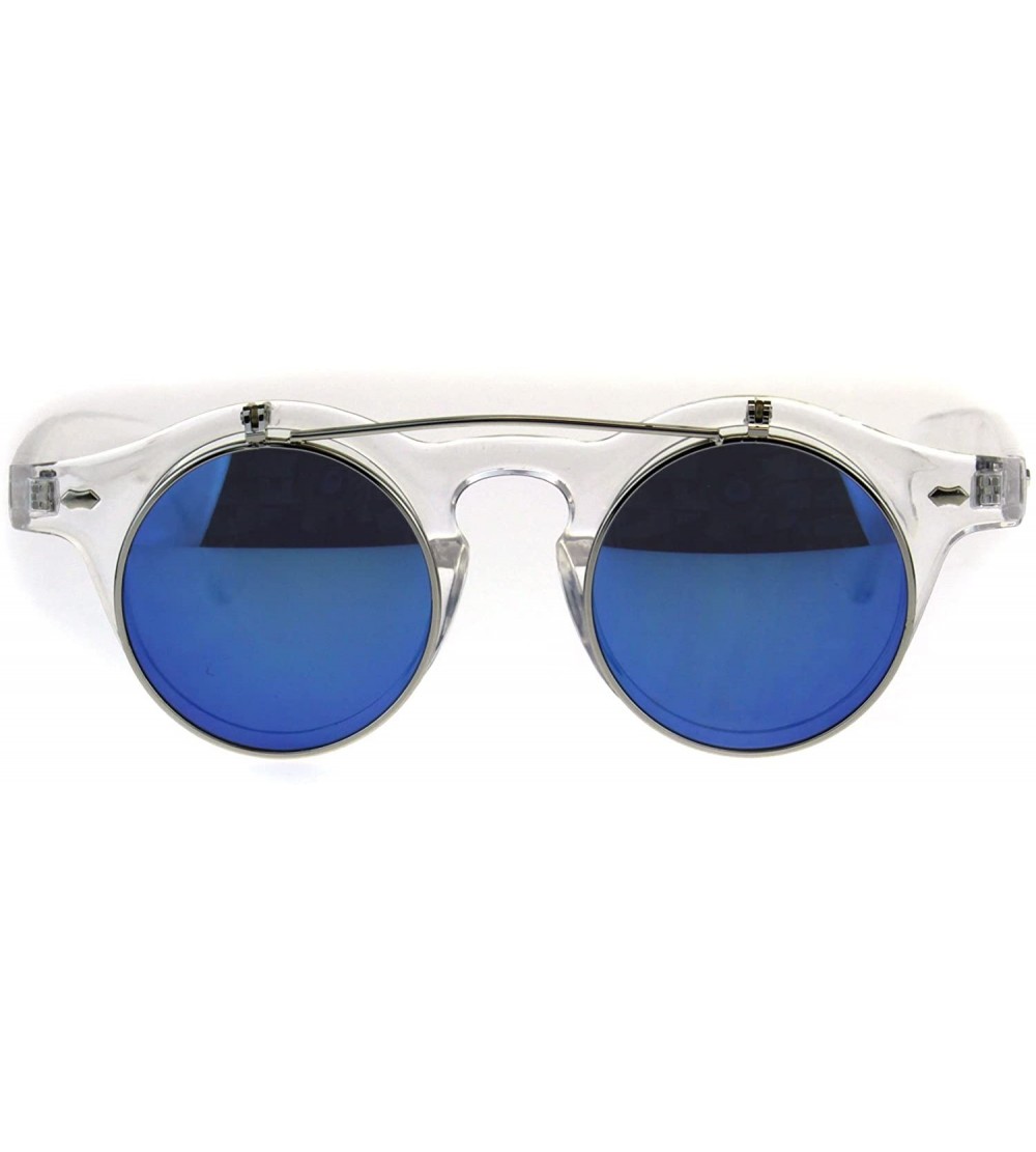 Round Hipster Round Horn Rim Color Mirror Flip Up Vintage Sunglasses - Clear Blue - CW18E4HZ9WQ $22.76