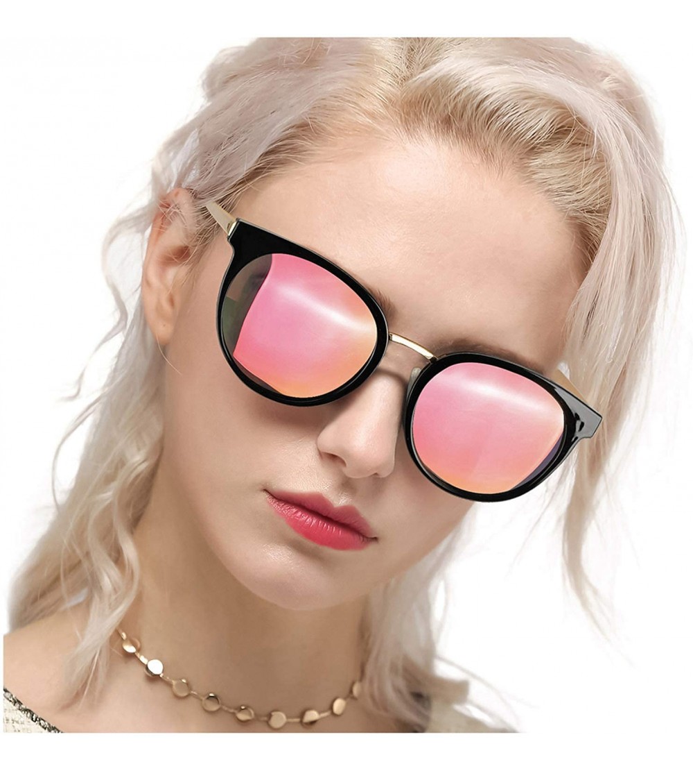 Oversized Oversized Round Cat eye Sunglasses for Women Polarized UV400 Protection - A Black Cateye Gold Rose Mirror Glasses -...