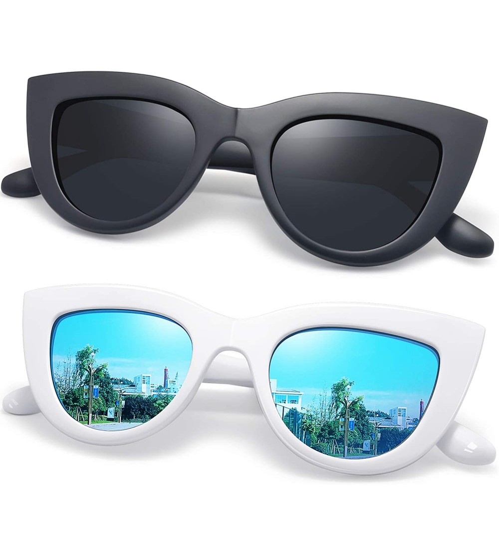Rimless Retro Polarized Cateye Sunglasses - Women Vintage Cat Eye Sun Glasses UV400 Protection - 2 Pack (Black+blue) - CK1908...