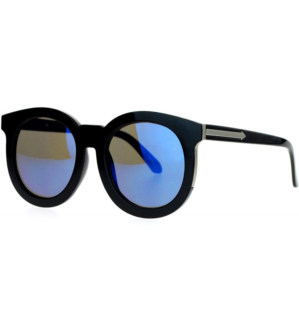 Round Womens Mirrored Mirror Lens Retro Round Horned Sunglasses - Black Blue - C5126EFZ1K5 $22.89