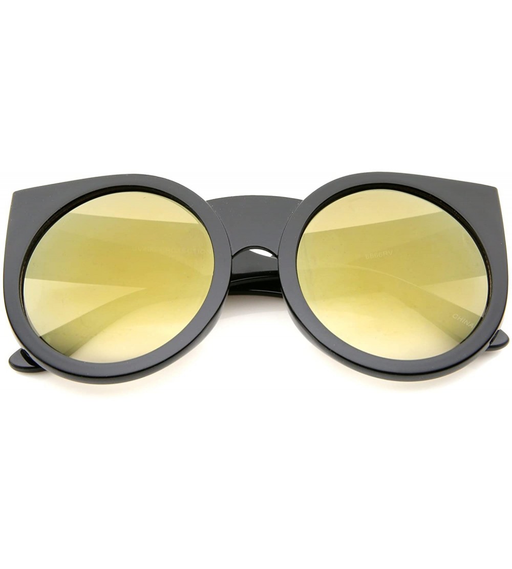 Cat Eye Womens Thick Frame Color Mirror Lens Round Cat Eye Sunglasses 55mm - Black / Gold Mirror - CT12JP6GZMN $19.60