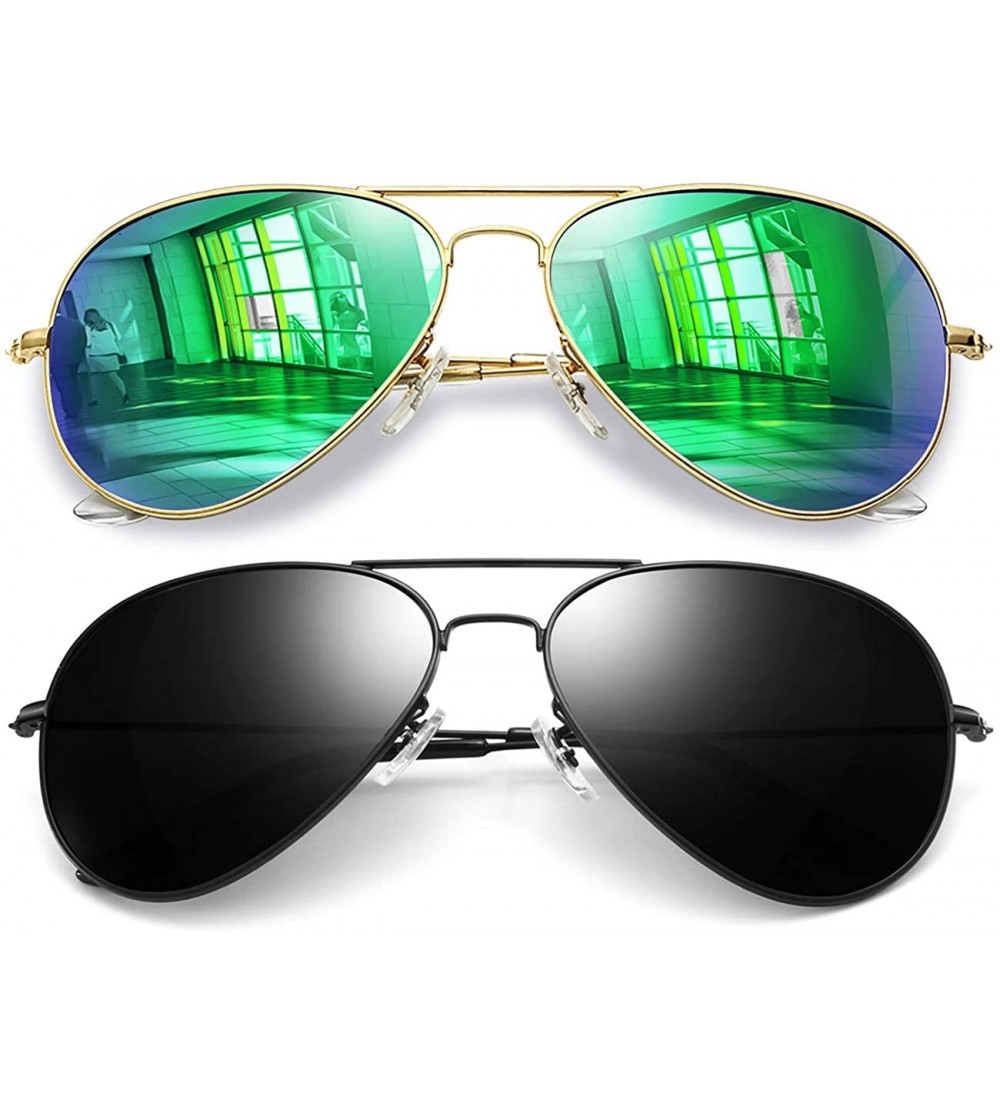 Aviator Aviator Sunglasses for Men Women - Metal Frame Military Style Sunglasses Polarized - 2 Pack (Black+green) - CF18X6Q9C...