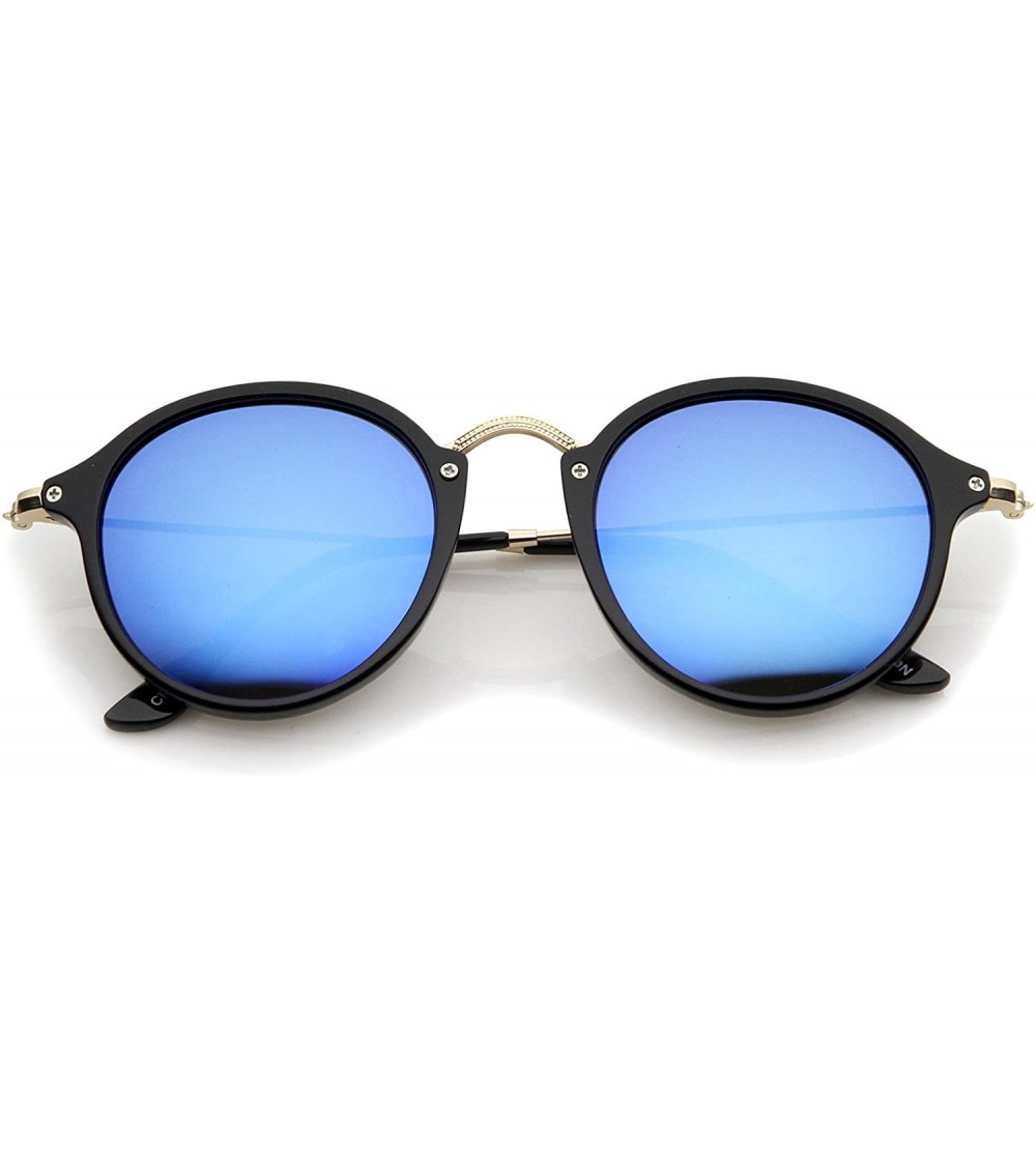 Round Iconic Classic Thin Metal Temple Colored Mirror Lens Round Sunglasses 49mm - Black-gold / Blue Mirror - C612N2FTHSX $20.88