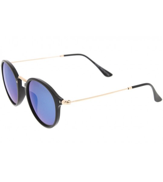 Round Iconic Classic Thin Metal Temple Colored Mirror Lens Round Sunglasses 49mm - Black-gold / Blue Mirror - C612N2FTHSX $20.88