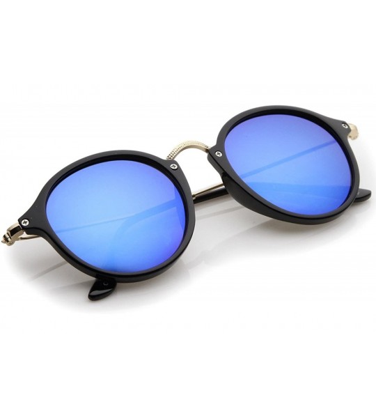 Round Iconic Classic Thin Metal Temple Colored Mirror Lens Round Sunglasses 49mm - Black-gold / Blue Mirror - C612N2FTHSX $20.88