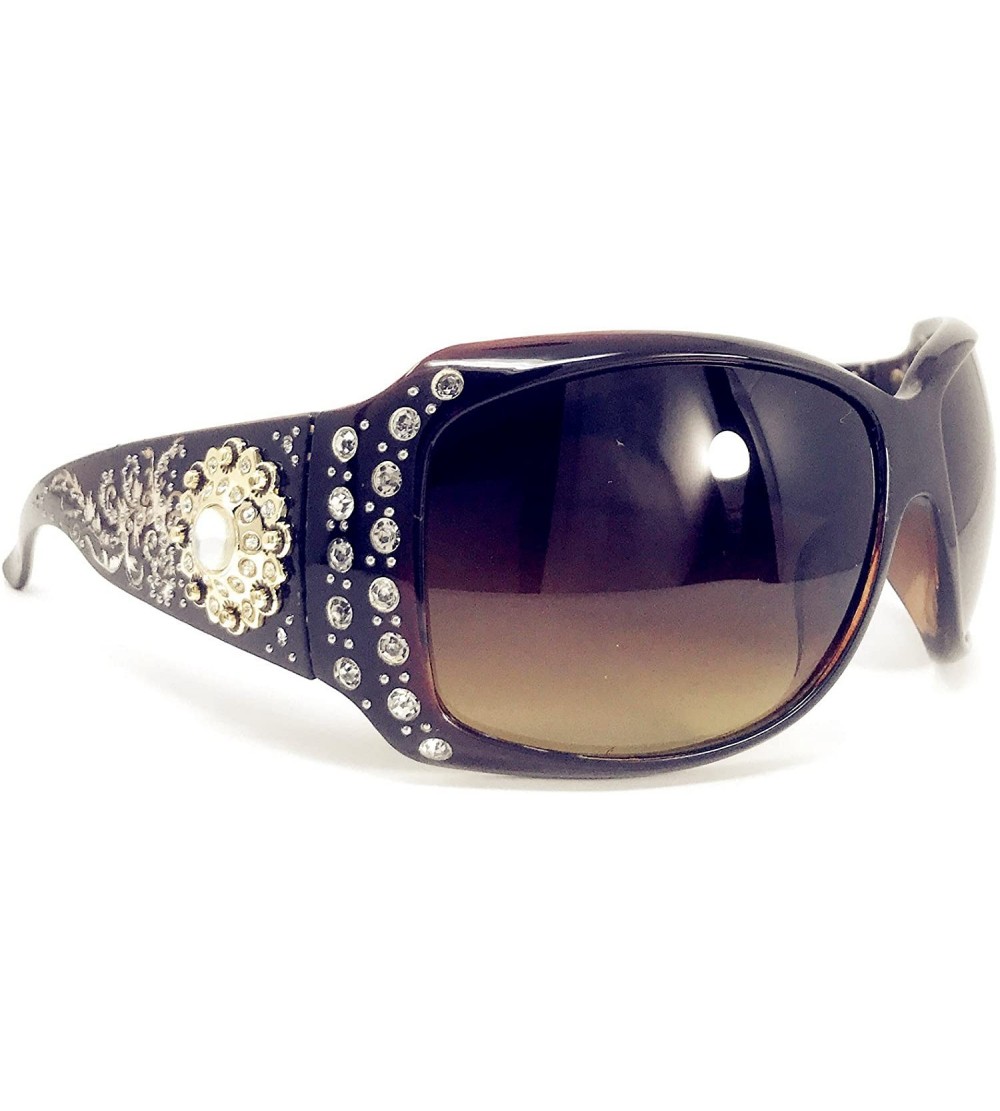Rectangular Metal Floral Sunflower Concho Sunglasses With Rhinestone UV400 PC Lens In Multi Colors - Brown - CM18ELN3Z7M $41.35