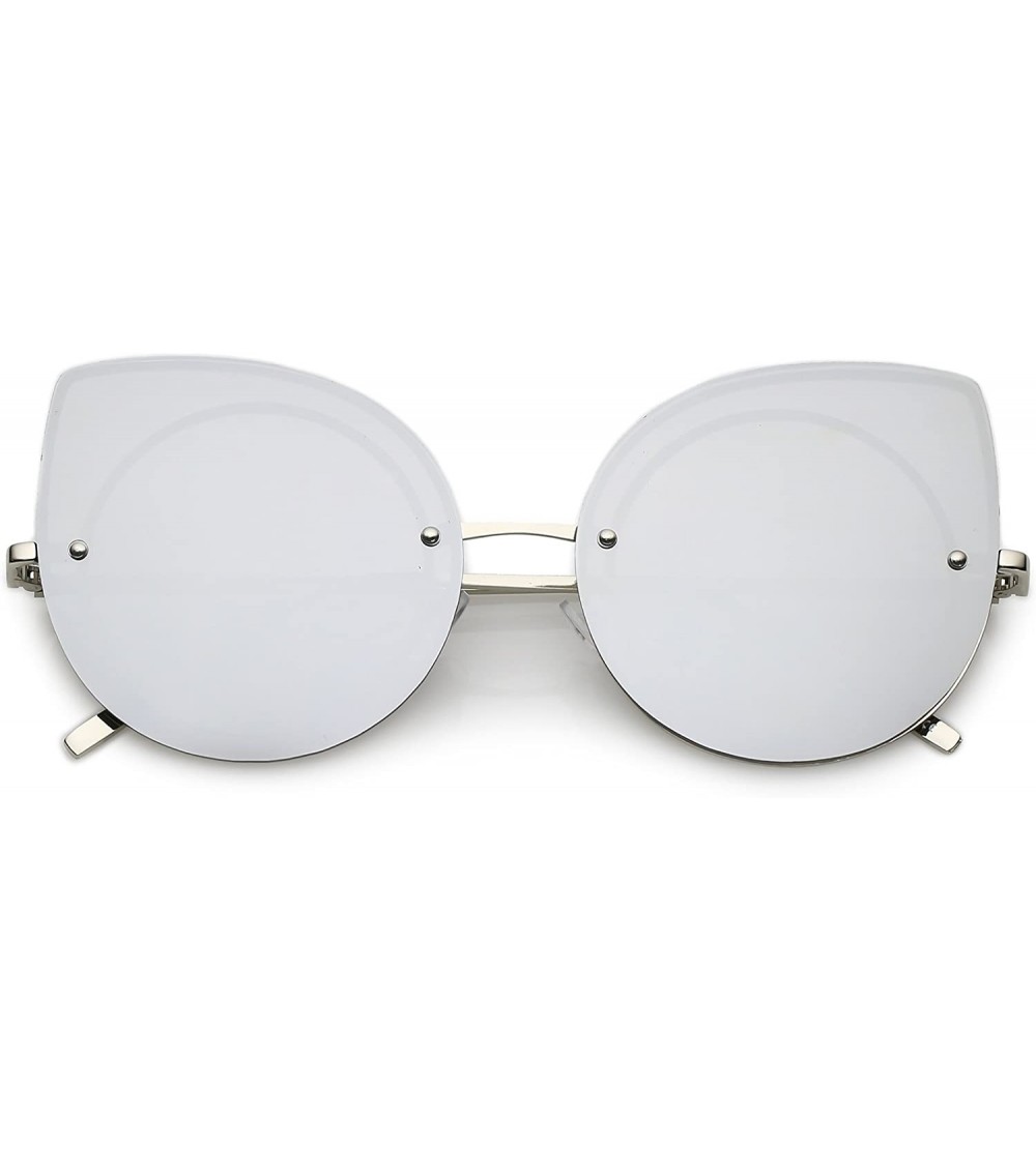 Cat Eye Oversize Rimless Slim Arms Mirrored Flat Lens Cat Eye Sunglasses 64mm - Silver / Silver Mirror - CM1825NAEGD $23.10