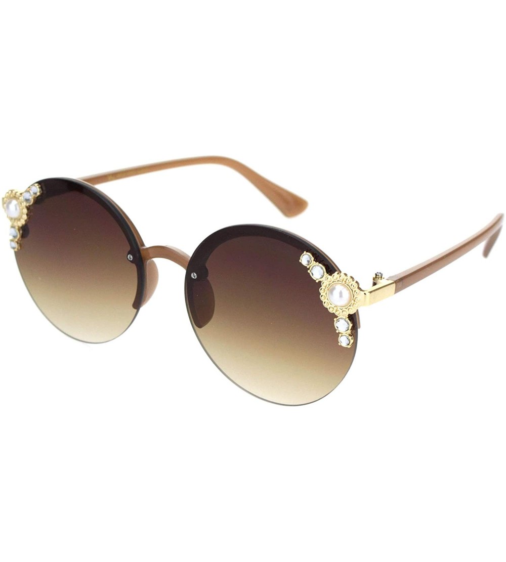 Round Womens Rhinestone Pearl Floral Jewel Rimless Round Circle Lens Sunglasses - Brown Gold - CV18OQWXU5M $23.46