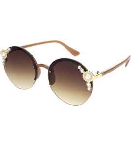 Round Womens Rhinestone Pearl Floral Jewel Rimless Round Circle Lens Sunglasses - Brown Gold - CV18OQWXU5M $23.46