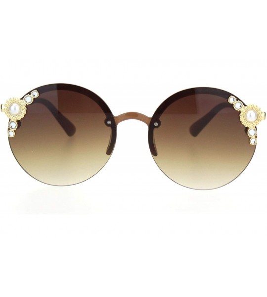 Round Womens Rhinestone Pearl Floral Jewel Rimless Round Circle Lens Sunglasses - Brown Gold - CV18OQWXU5M $23.46