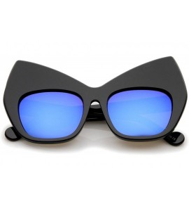 Cat Eye Chunky Frame Colored Mirror Square Lens Oversized Cat Eye Sunglasses 49mm - Black / Blue Mirror - CU12LBRT571 $19.89