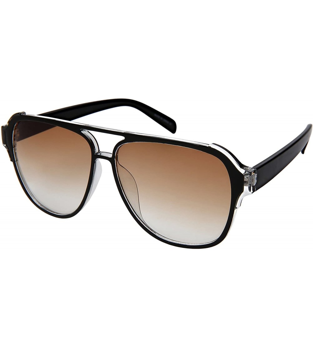 Aviator Fashion Aviator Brow Bar Plastic Sunglasses w/Mirrored Lens 541086TT-REV - Black+clear Frame/Brown Gradient Lens - CW...