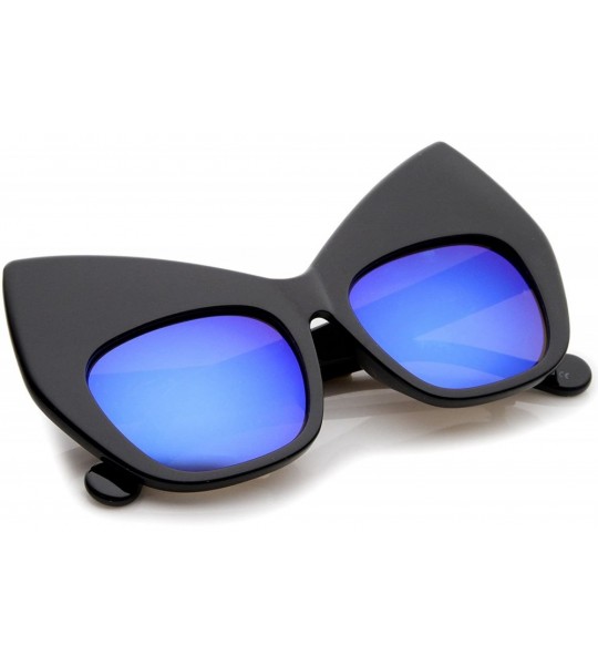 Cat Eye Chunky Frame Colored Mirror Square Lens Oversized Cat Eye Sunglasses 49mm - Black / Blue Mirror - CU12LBRT571 $19.89