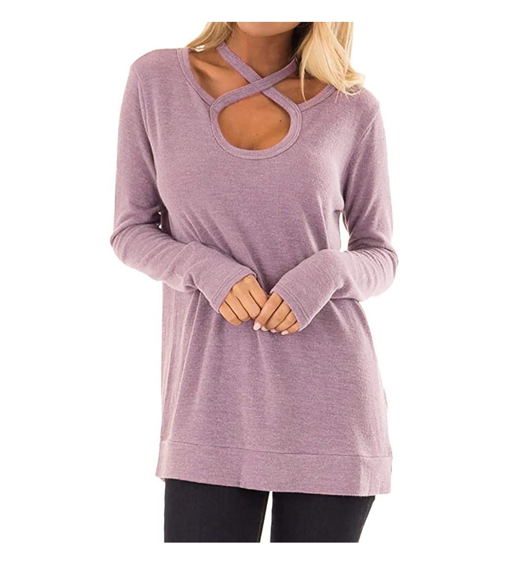 Round Women's Casual Cross Neckline Top Round Neck Long Sleeve Blouse Soft Comfy Solid Short Tops - Pink - C518NIEZQCU $19.27