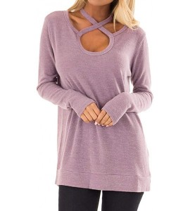 Round Women's Casual Cross Neckline Top Round Neck Long Sleeve Blouse Soft Comfy Solid Short Tops - Pink - C518NIEZQCU $19.27