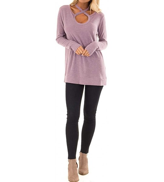 Round Women's Casual Cross Neckline Top Round Neck Long Sleeve Blouse Soft Comfy Solid Short Tops - Pink - C518NIEZQCU $19.27