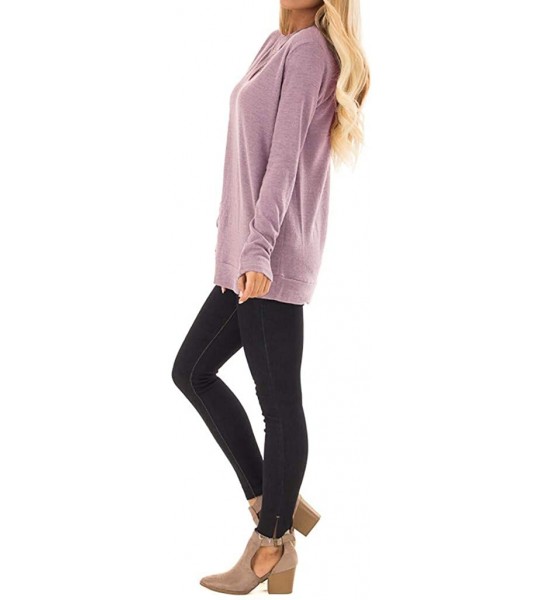 Round Women's Casual Cross Neckline Top Round Neck Long Sleeve Blouse Soft Comfy Solid Short Tops - Pink - C518NIEZQCU $19.27