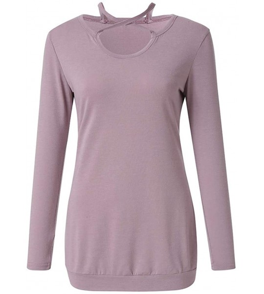 Round Women's Casual Cross Neckline Top Round Neck Long Sleeve Blouse Soft Comfy Solid Short Tops - Pink - C518NIEZQCU $19.27