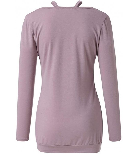 Round Women's Casual Cross Neckline Top Round Neck Long Sleeve Blouse Soft Comfy Solid Short Tops - Pink - C518NIEZQCU $19.27