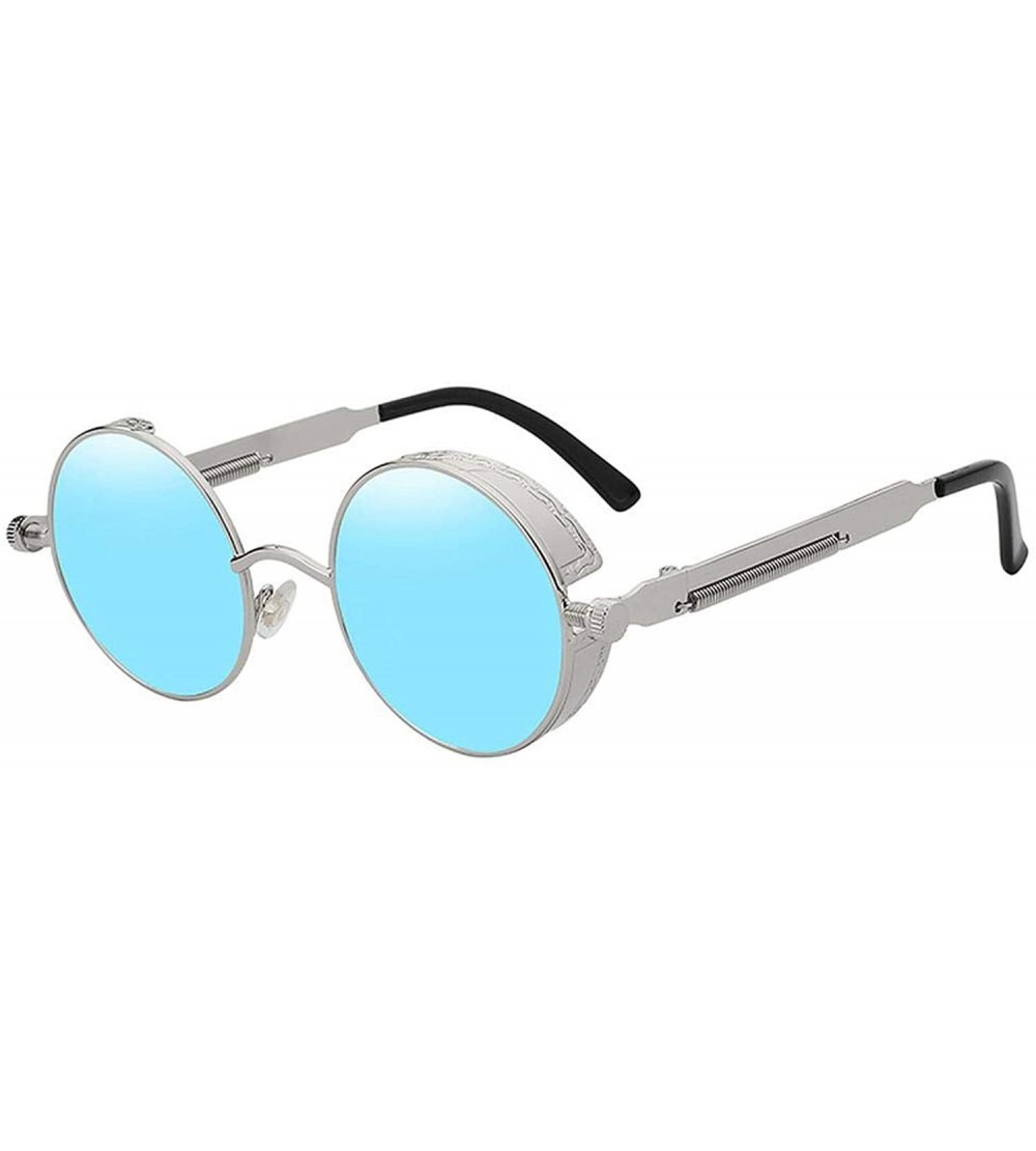Square Round Metal Sunglasses Steampunk Men Women Fashion Glasses Brand Designer Retro Vintage UV400 - Silver W Blue Mir - CW...